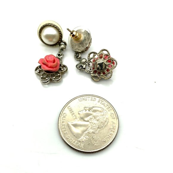 Coquette Vintage Rose Dangle Earrings, Faux Pearl in Silver Tone Drops - Picture 5 of 5